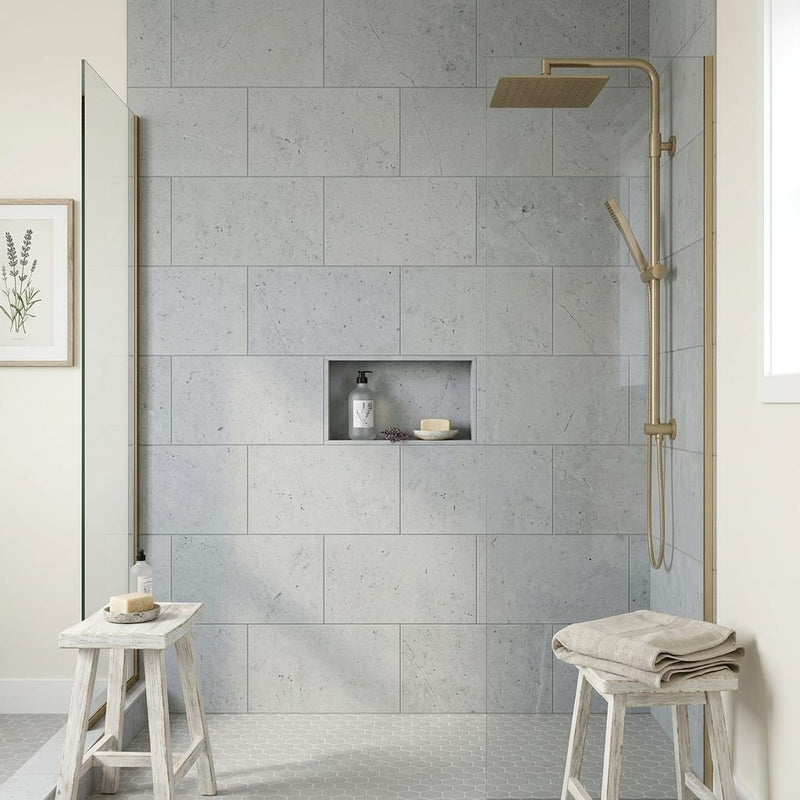 Gasgone Blue Limestone Tile 12x24 Honed — Bathroom shower wall