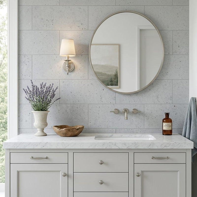 Gasgone Blue Limestone Tile 12x24 Honed — Bathroom vanity wall