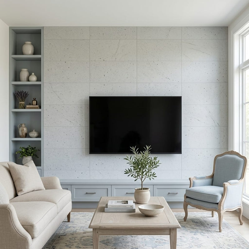 Gasgone Blue Limestone Tile 12x24 Honed — Living Room feature wall