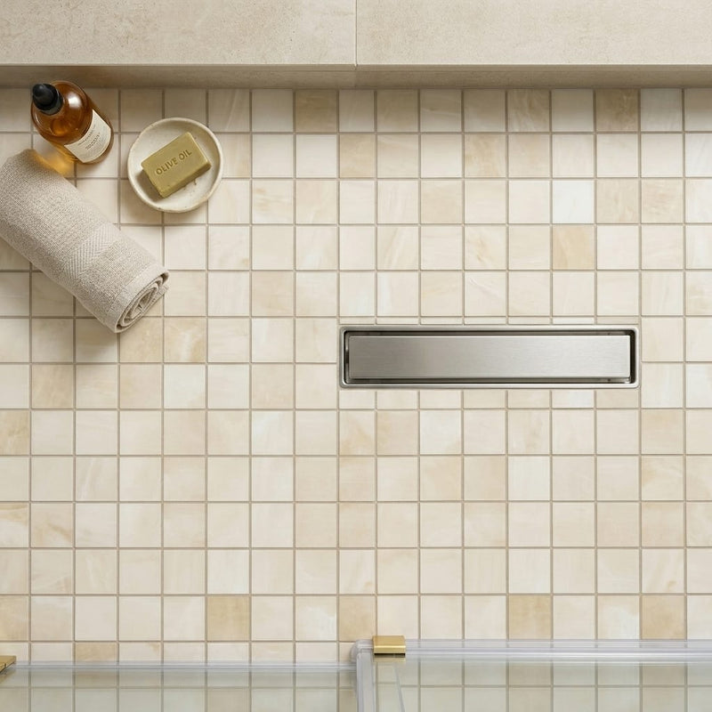 Gemma Beige Onyx 2x2 Honed on 12x12 Sheet Marble Mosaic — Bathroom shower floor