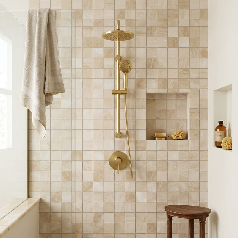 Gemma Beige Onyx 2x2 Honed on 12x12 Sheet Marble Mosaic — Bathroom shower wall