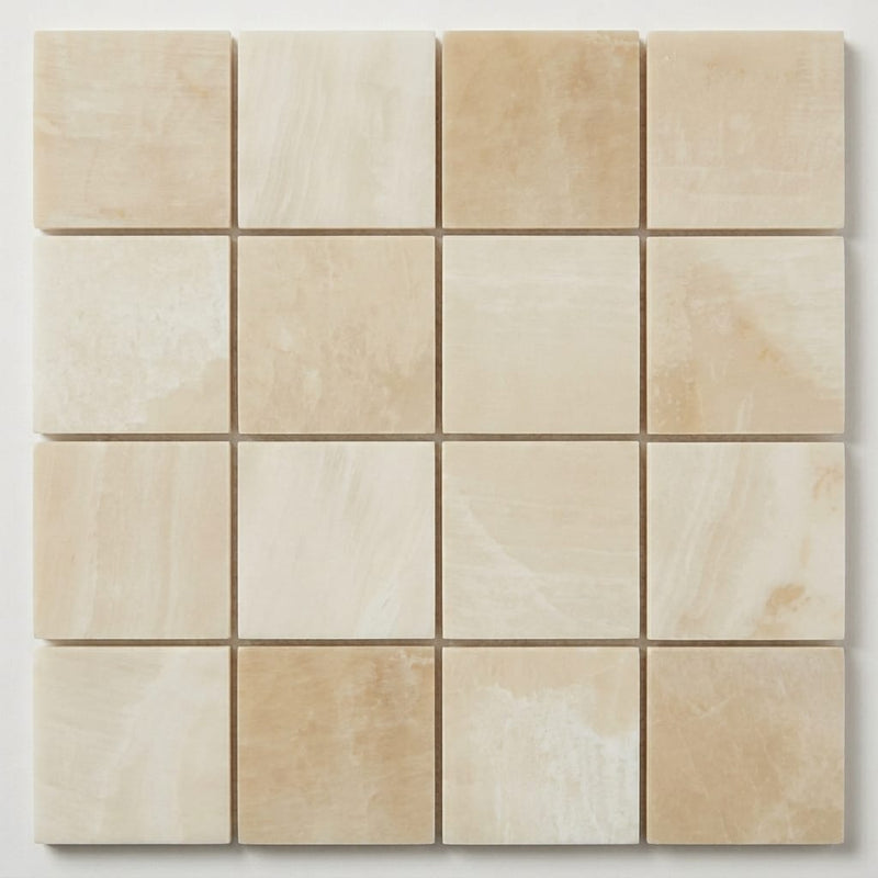 Gemma Beige Onyx 2x2 Honed on 12x12 Sheet Marble Mosaic close-up