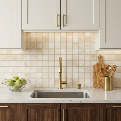 Gemma Beige Onyx 2x2 Honed on 12x12 Sheet Marble Mosaic — Kitchen backsplash