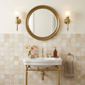 Gemma Beige Onyx 2x2 Honed on 12x12 Sheet Marble Mosaic — Powder Room wall