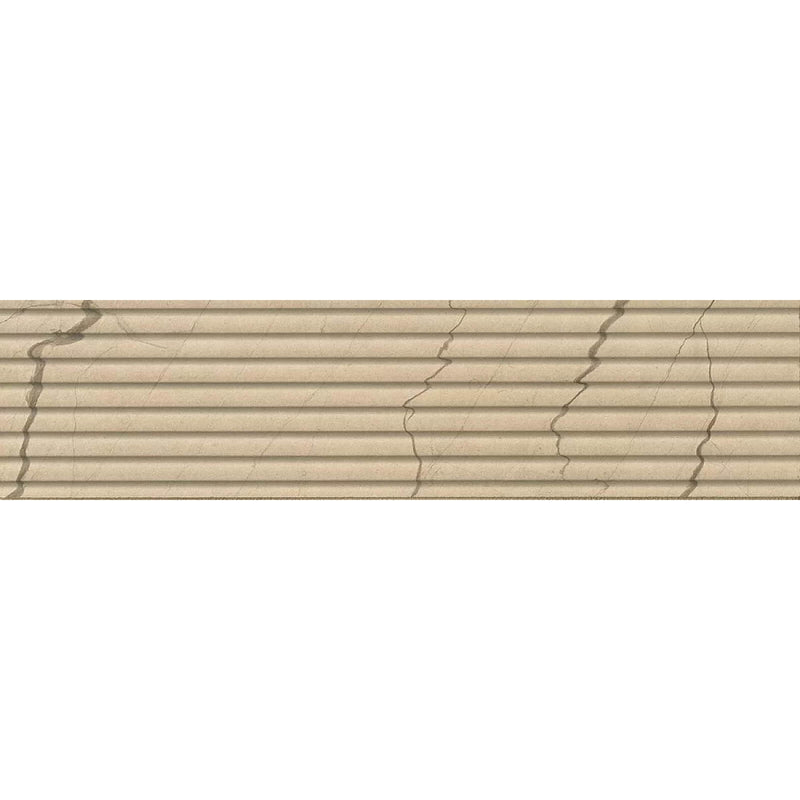 Cream Lynx marble tile with horizontal Gessato grooves and natural dark veining, 4x16 inches.