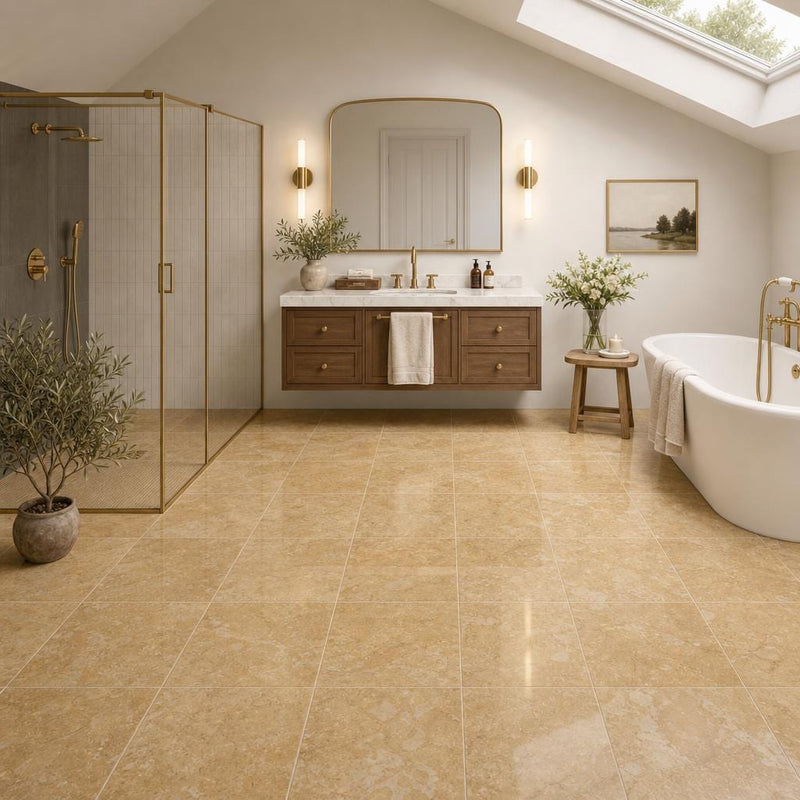 Giallo Anticato 12x12 Polished Natural Marble Tile — Bathroom floor