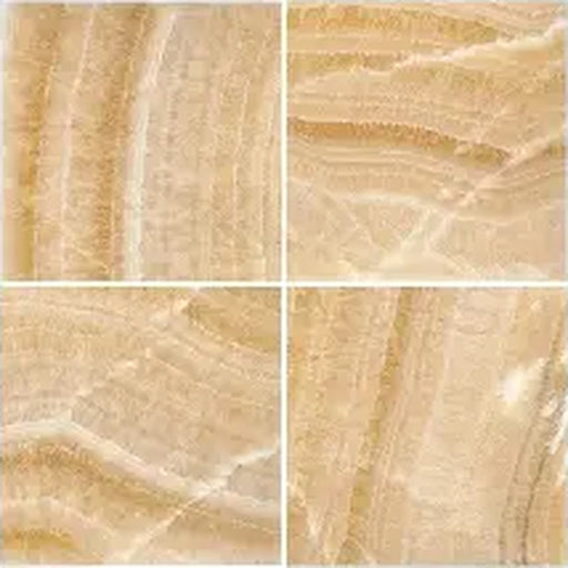 Giallo Crystal Onyx 12x12 polished marble tiles with golden beige tones and cream veining in a four-tile layout.