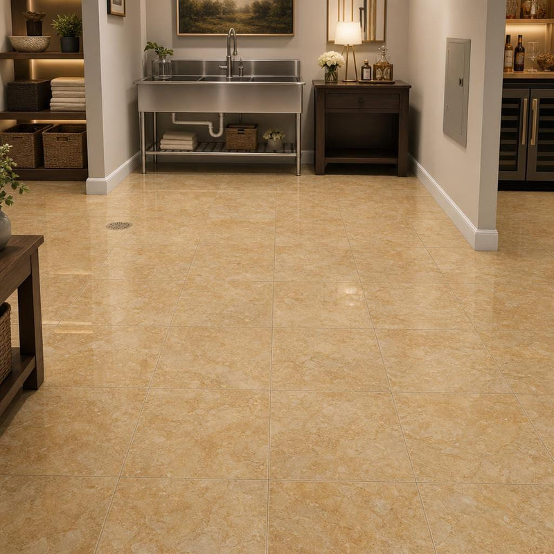 Giallo Reale 12x12 Polished Natural Marble Tile — Basement floor