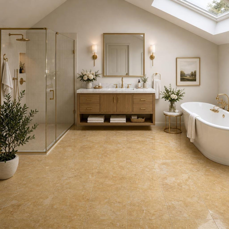 Giallo Reale 12x12 Polished Natural Marble Tile — Bathroom floor