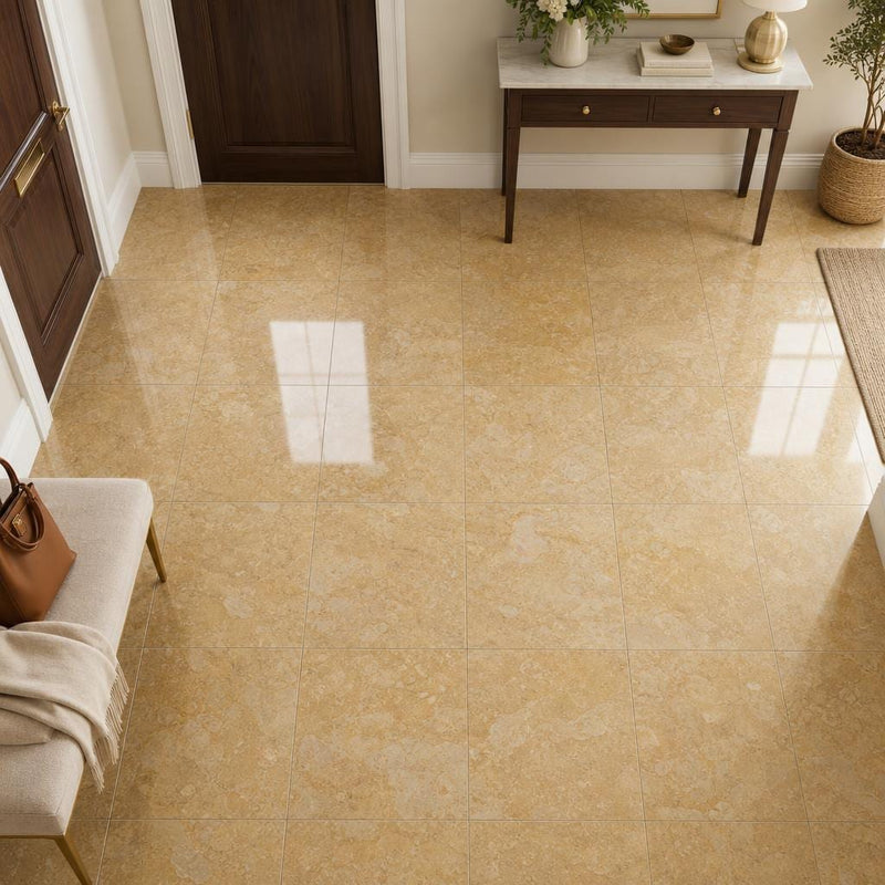 Giallo Reale 12x12 Polished Natural Marble Tile — Foyer floor