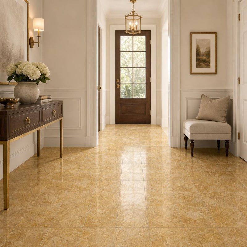 Giallo Reale 12x12 Polished Natural Marble Tile — Hallway floor