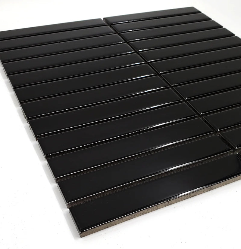 Gio Black 0.86x5.7 Glossy Glazed Stacked Linear Porcelain Tile