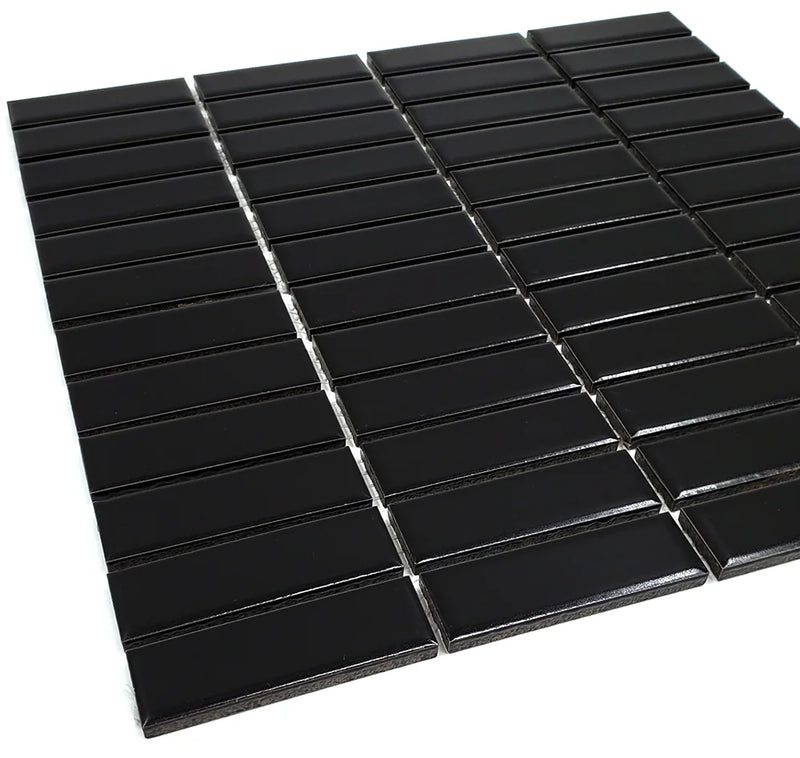 Gio Black 0.82x2.8 Stacked Linear Matte Glazed Porcelain Mosaic