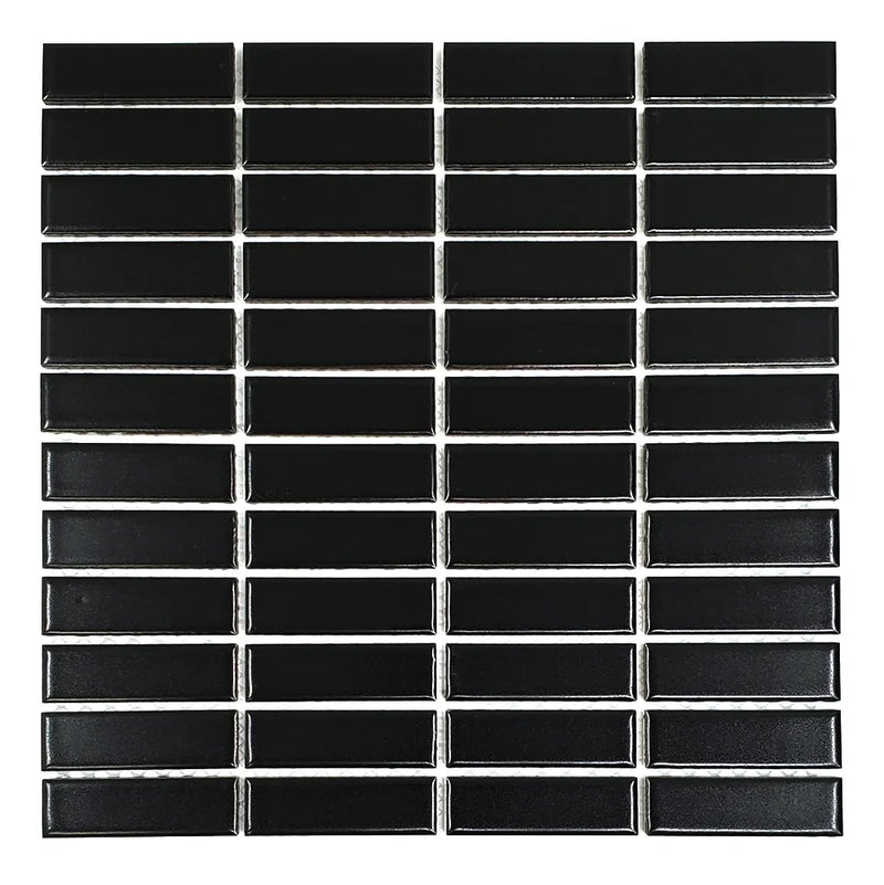 Gio Black 0.82x2.8 Stacked Linear Matte Glazed Porcelain Mosaic