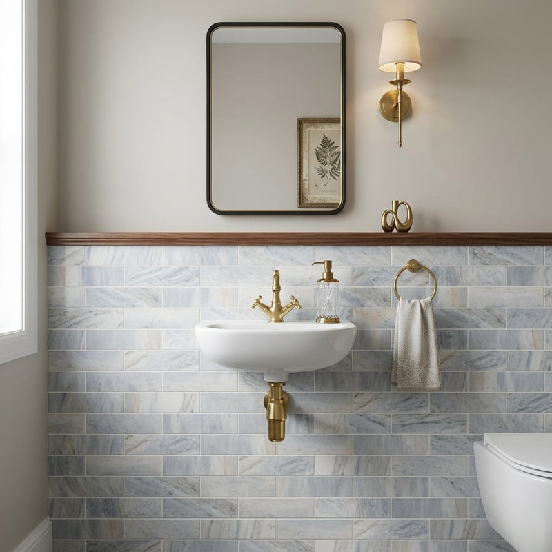 Glorious Blue 3x12 Brushed Marble Tile — Powder Room wainscot