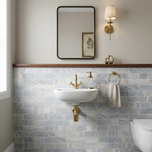 Glorious Blue 3x12 Brushed Marble Tile — Powder Room wainscot