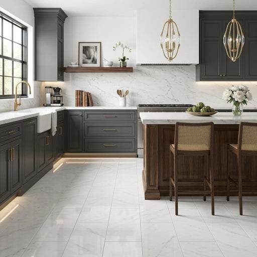 Glorious White 12x24 Polished Marble Tile — Kitchen floor