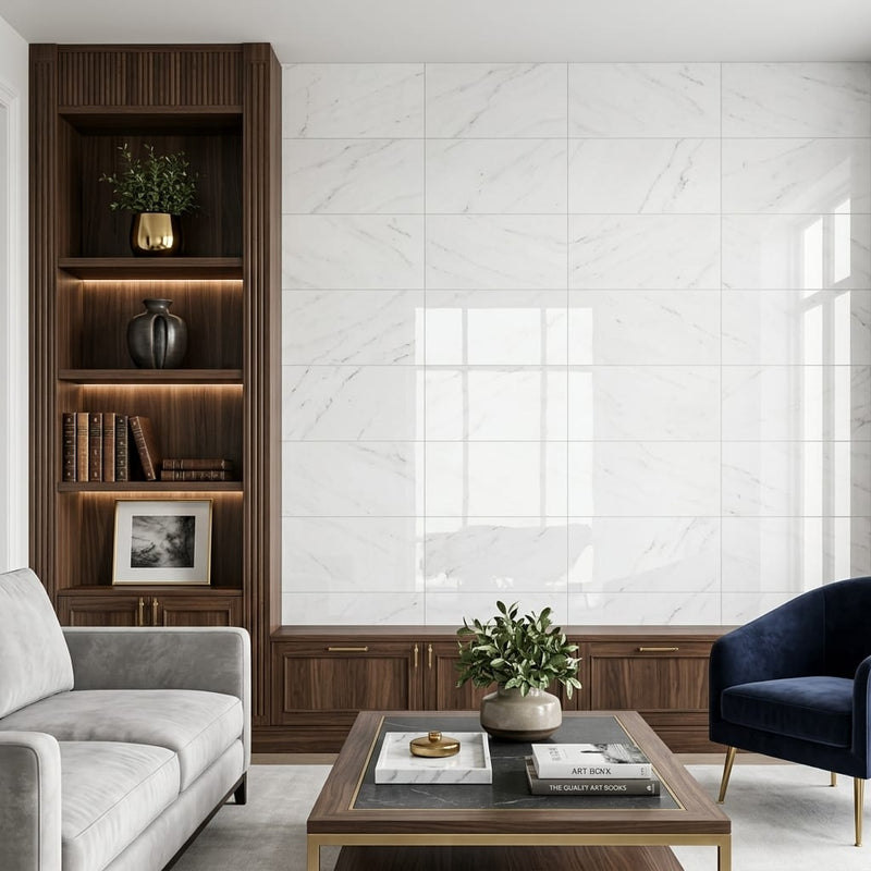 Glorious White 12x24 Polished Marble Tile — Living Room feature wall