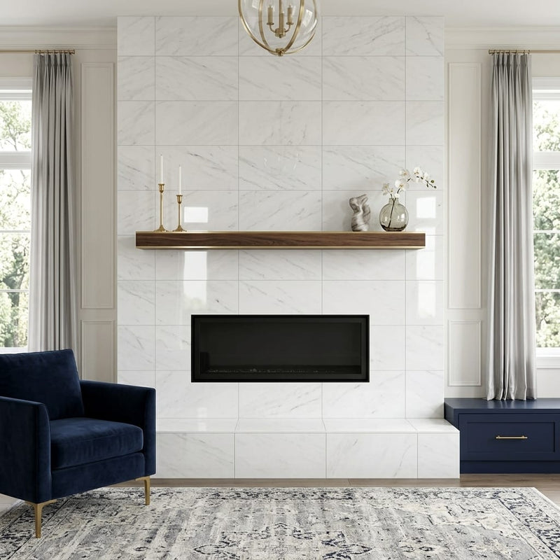 Glorious White 12x24 Polished Marble Tile — Living Room fireplace surround