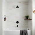 Glorious White 3x12 Brushed Marble Tile — Bathroom tub surround