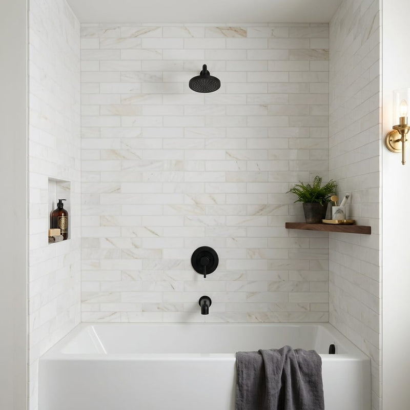 Glorious White 3x12 Brushed Marble Tile — Bathroom tub surround