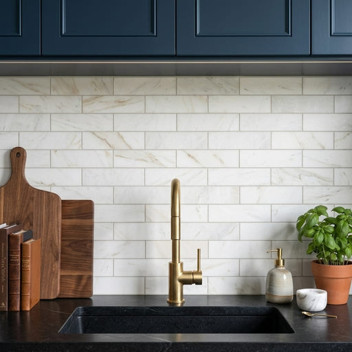 Glorious White 3x12 Brushed Marble Tile — Kitchen backsplash