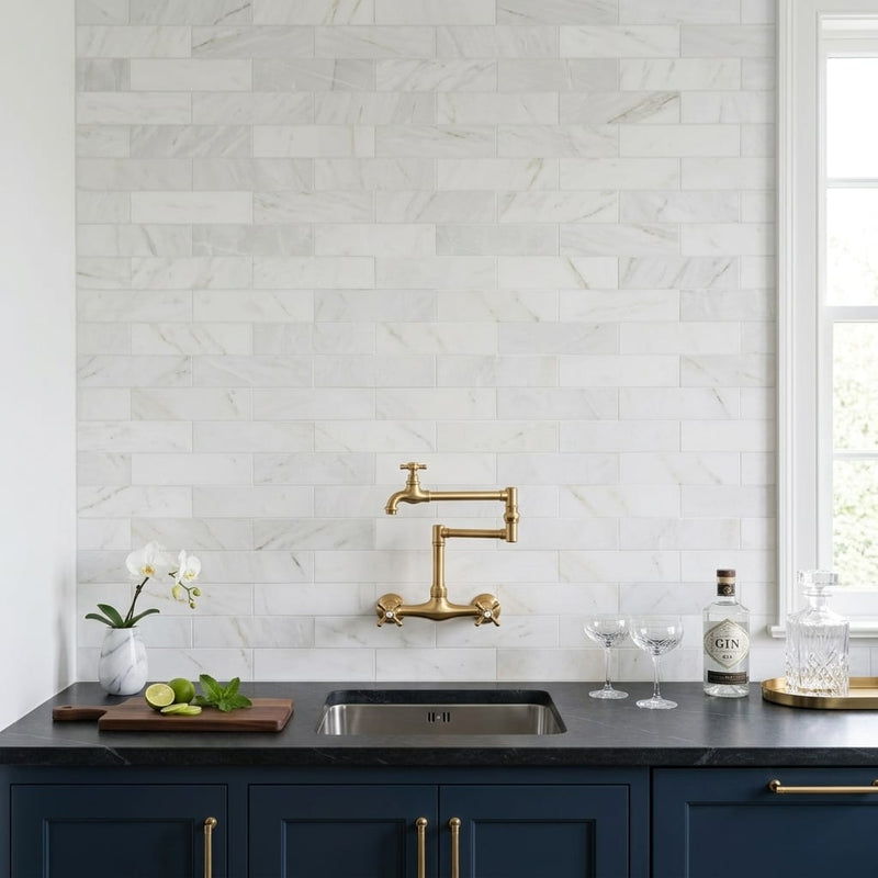 Glorious White 3x12 Brushed Marble Tile — Wet Bar backsplash