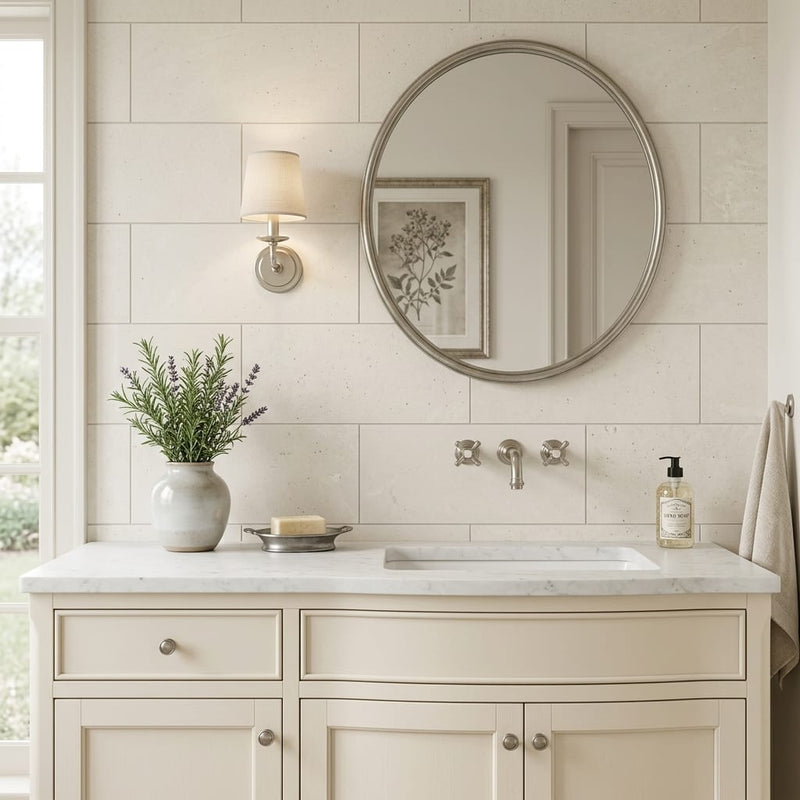 Gobi 12x24 Honed Limestone Tile — Bathroom vanity wall