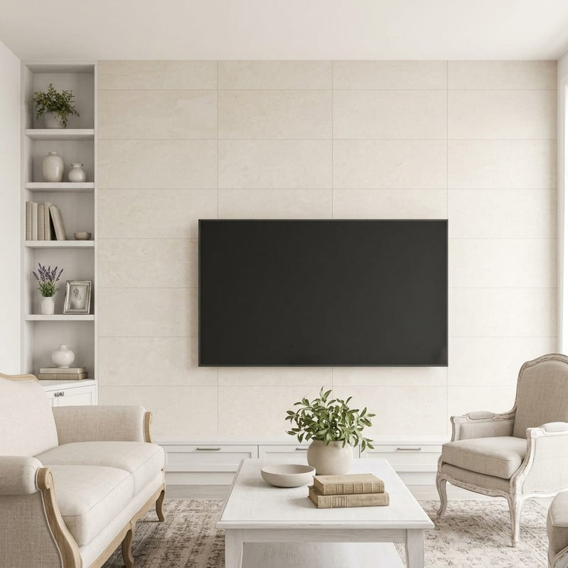 Gobi 12x24 Honed Limestone Tile — Living Room feature wall