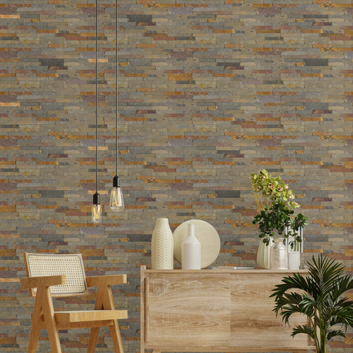 Gold Rush 6x12 natural quartzite peel and stick veneer on a wall behind a wood console.