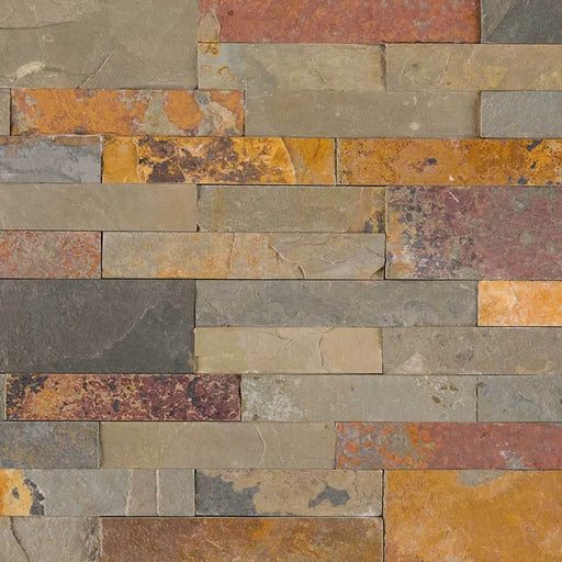 Gold Rush natural quartzite mosaic with staggered rectangular pieces in gold, rust, beige and grey.