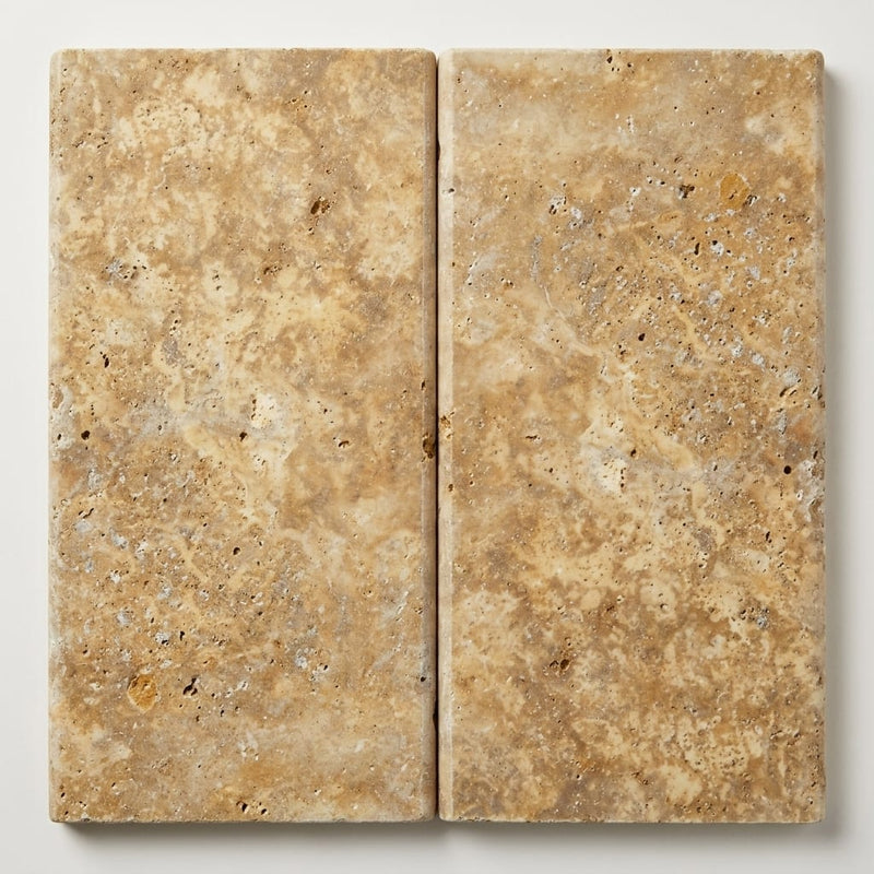 Gold Travertine Coping 12x24 Tumbled Bullnose 1.25 inch close-up