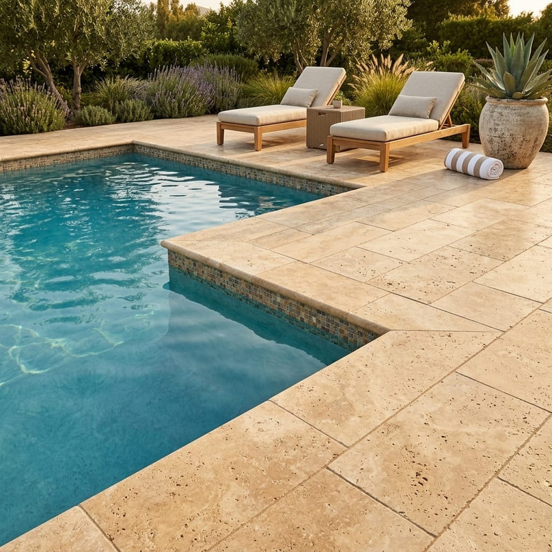 Gold Travertine Coping 12x24 Tumbled Bullnose 2 inch pool coping — Swimming Pool pool edge drop-face coping