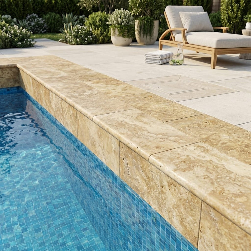 Gold Travertine Coping 12x24 Tumbled Bullnose 2 inch pool coping — Swimming Pool remodel pool edge