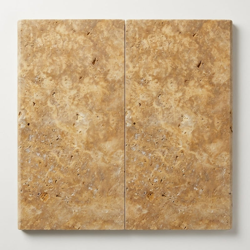 Gold Travertine Coping 12x24 Unfilled, Honed Bullnose 2 inch close-up