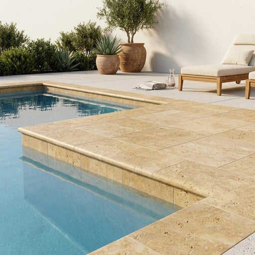 Gold Travertine Coping 12x24 Unfilled, Honed Bullnose 2 inch pool coping — Swimming Pool pool edge drop-face coping