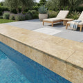 Gold Travertine Coping 12x24 Unfilled, Honed Bullnose 2 inch pool coping — Swimming Pool remodel pool edge