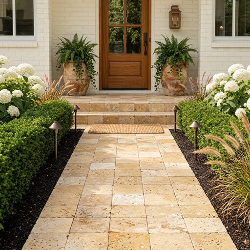 Gold Travertine Paver 12x12 Tumbled 1.25 inch — Front Yard walkway