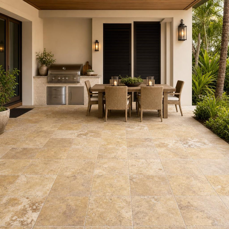 Gold Travertine Paver - Unfilled Brushed Chiseled 12x12 inch — Backyard patio