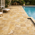 Gold Travertine Paver - Unfilled Brushed Chiseled 12x12 inch — Backyard pool deck