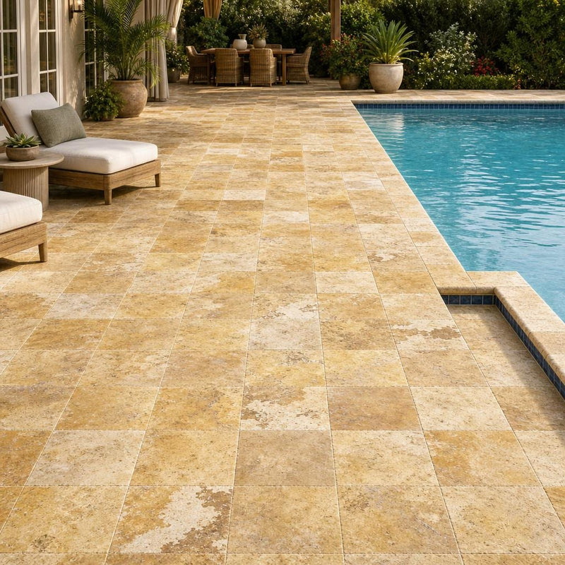 Gold Travertine Paver - Unfilled Brushed Chiseled 12x12 inch — Backyard pool deck