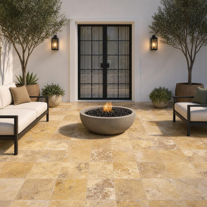 Gold Travertine Paver - Unfilled Brushed Chiseled 12x12 inch — Courtyard paving
