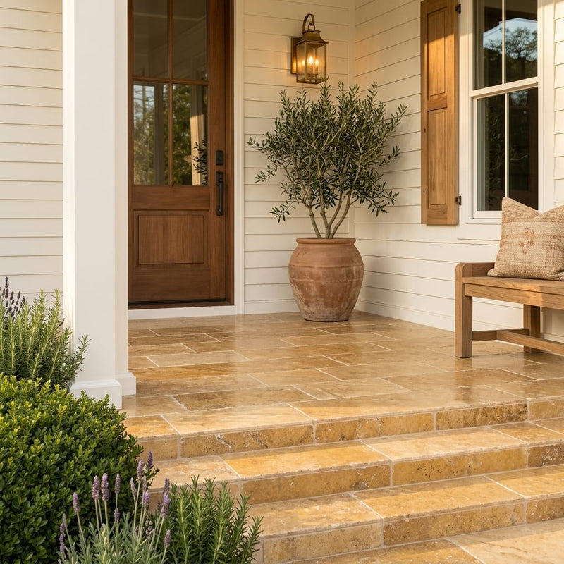 Gold Travertine Paver 12x24 Tumbled 2 inch — Front Yard front porch