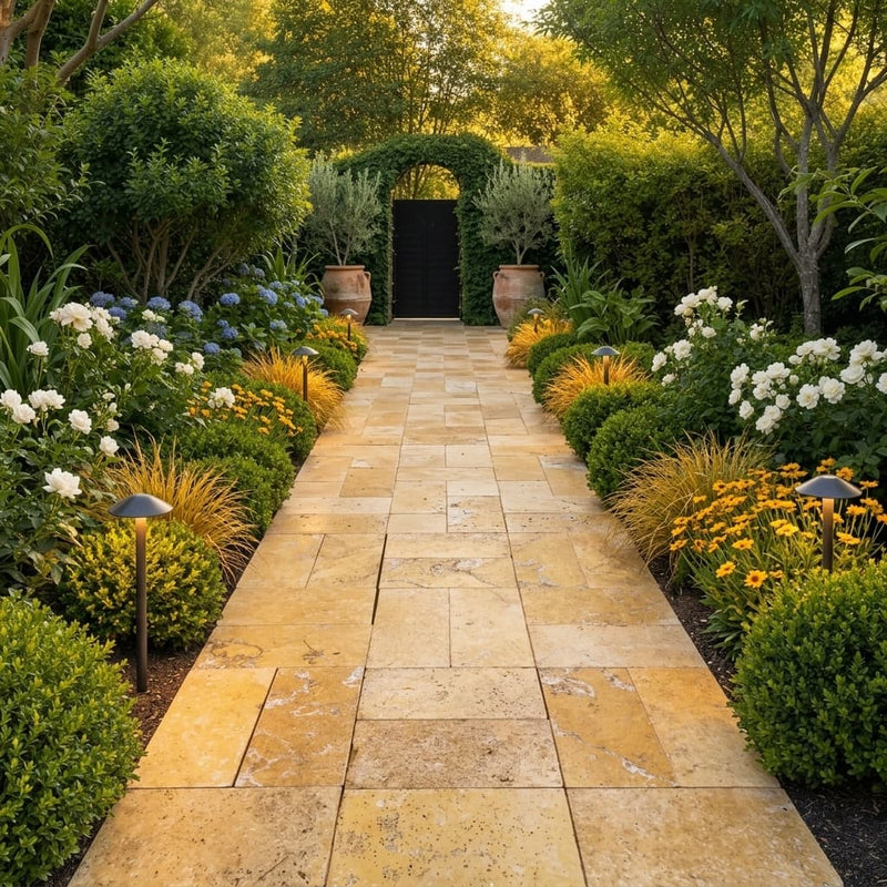 Gold Travertine Paver 12x24 Tumbled 2 inch — Garden path