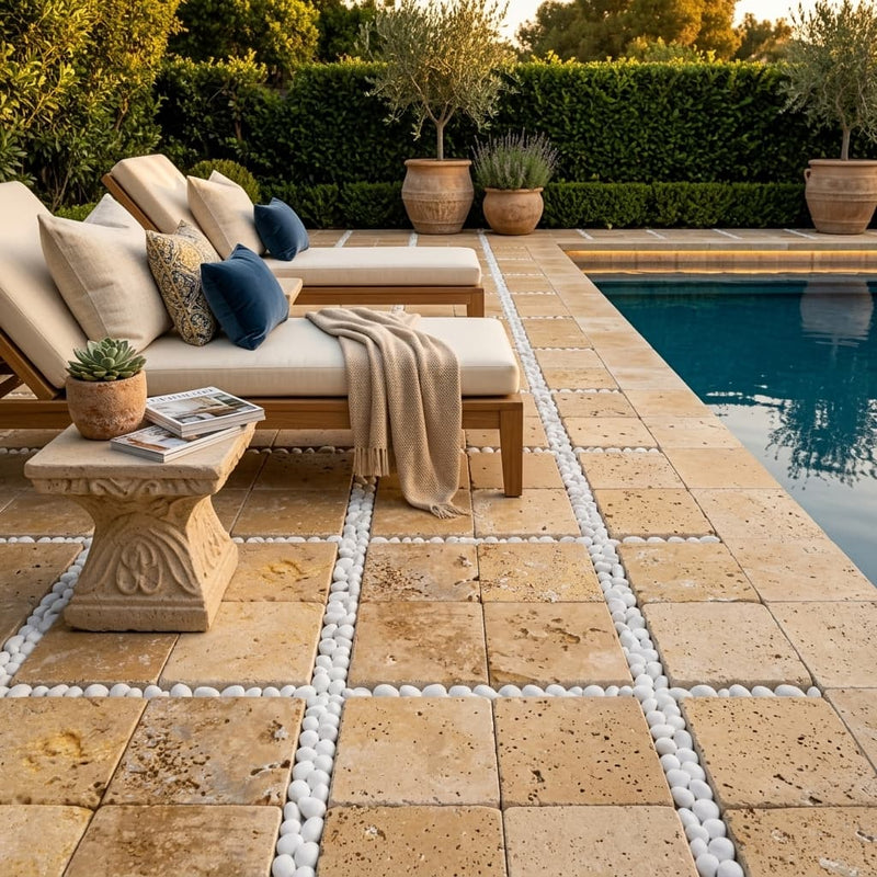 Gold Travertine Paver 16x16 Tumbled 1.25 inch — Backyard pool deck
