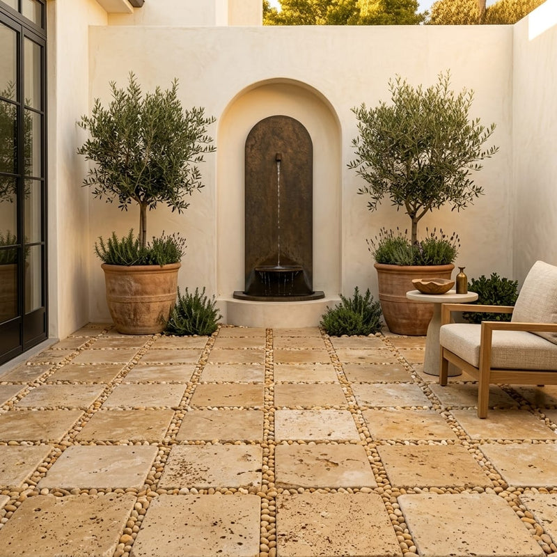 Gold Travertine Paver 16x16 Tumbled 1.25 inch — Courtyard paving