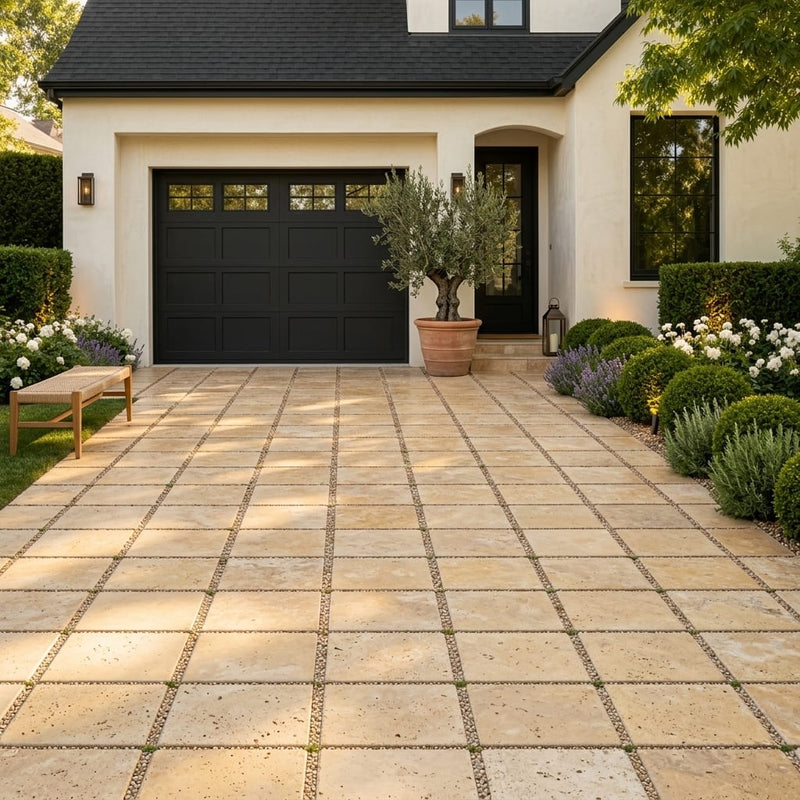 Gold Travertine Paver 16x16 Tumbled 1.25 inch — Front Yard driveway