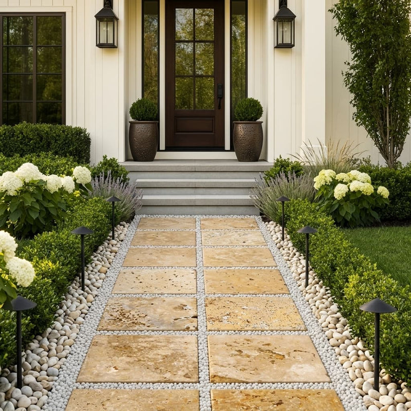 Gold Travertine Paver 16x16 Tumbled 1.25 inch — Front Yard walkway