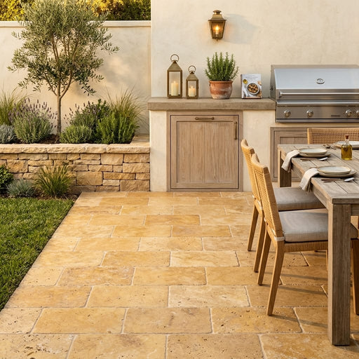 Gold Travertine Paver 6x12 Tumbled 1.25 inch — Backyard patio