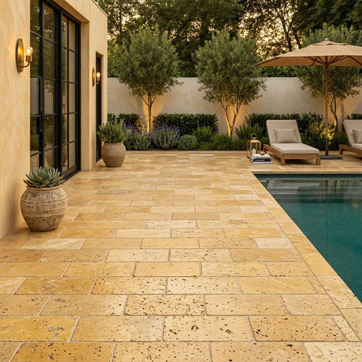 Gold Travertine Paver 6x12 Tumbled 1.25 inch — Backyard pool deck